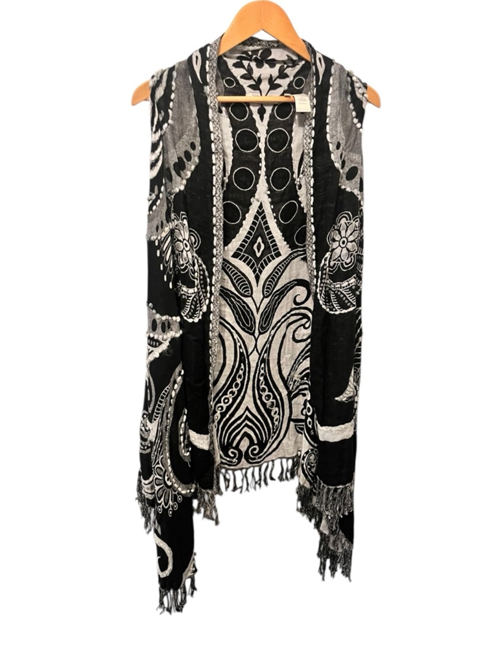 Soft Surroundings Women’s Black & Cream Boho Fringe Open Front Vest One Size